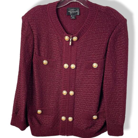 St. John knit jacket burgundy metallic sparkle pearl buttons zip 12 - Picture 1 of 12